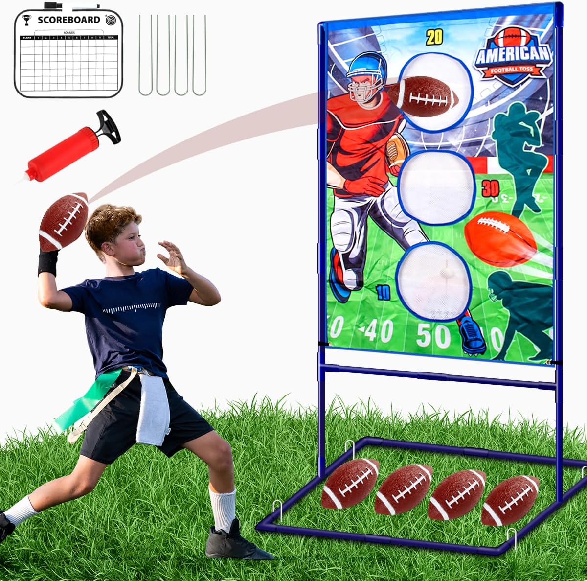 Punieayi football toss game front view showing three target pockets and blue frame