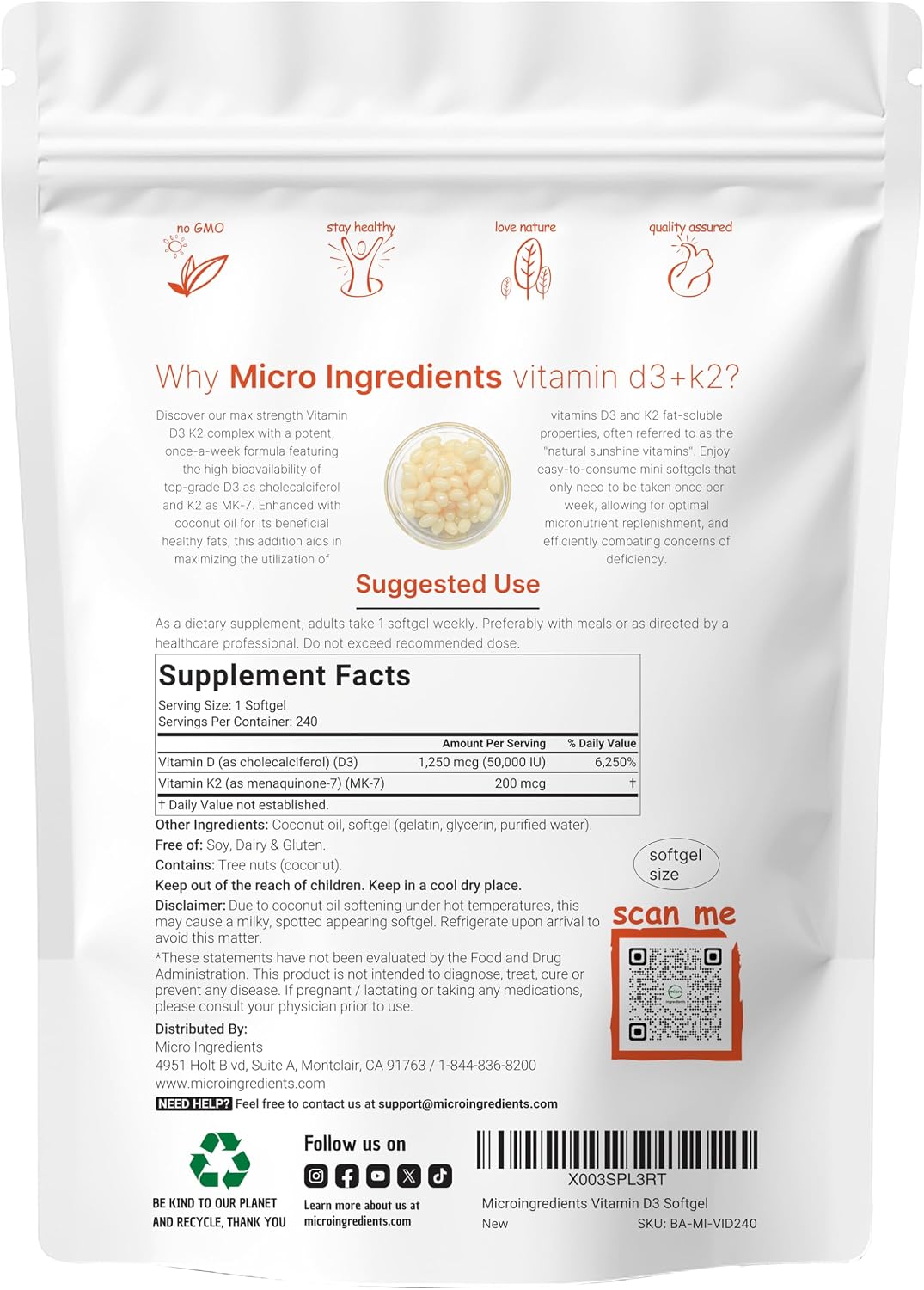 Micro Ingredients Vitamin D3 K2 label highlighting 50,000 IU and coconut oil