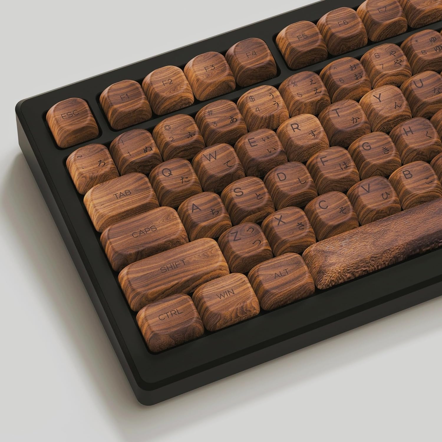 Womier PBT Keycaps front view showing the complete retro walnut wood dye sublimation set with Japanese legends.