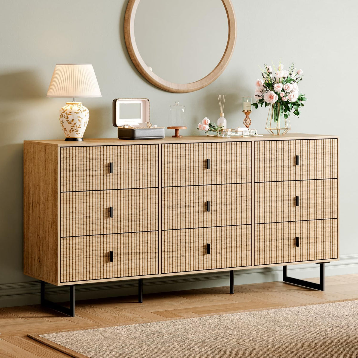 Chrangmay Modern 9 Drawer Oak Chest of Drawers front view