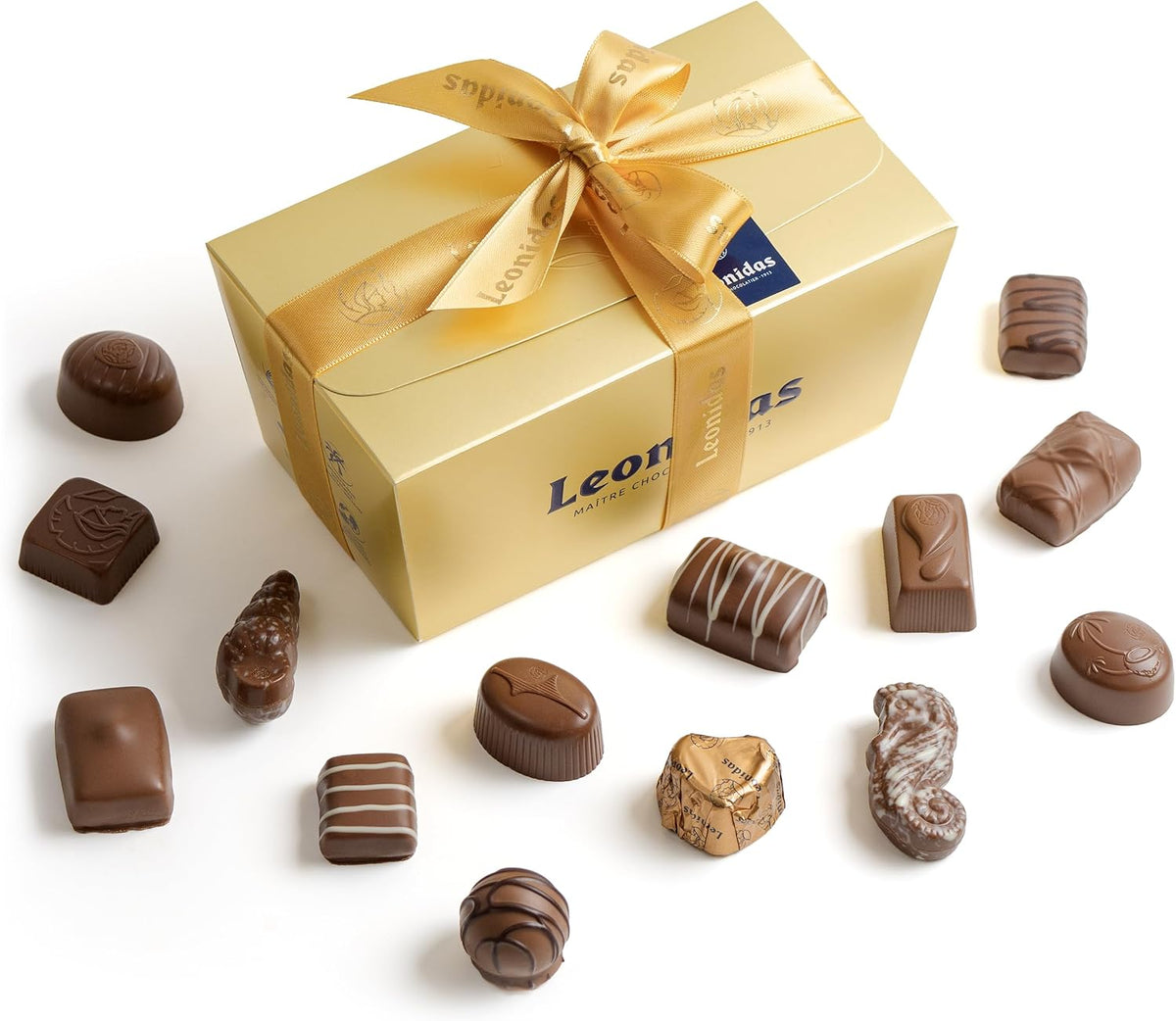 Leonidas handcrafted dark chocolates made with pure cocoa butter inside packaging