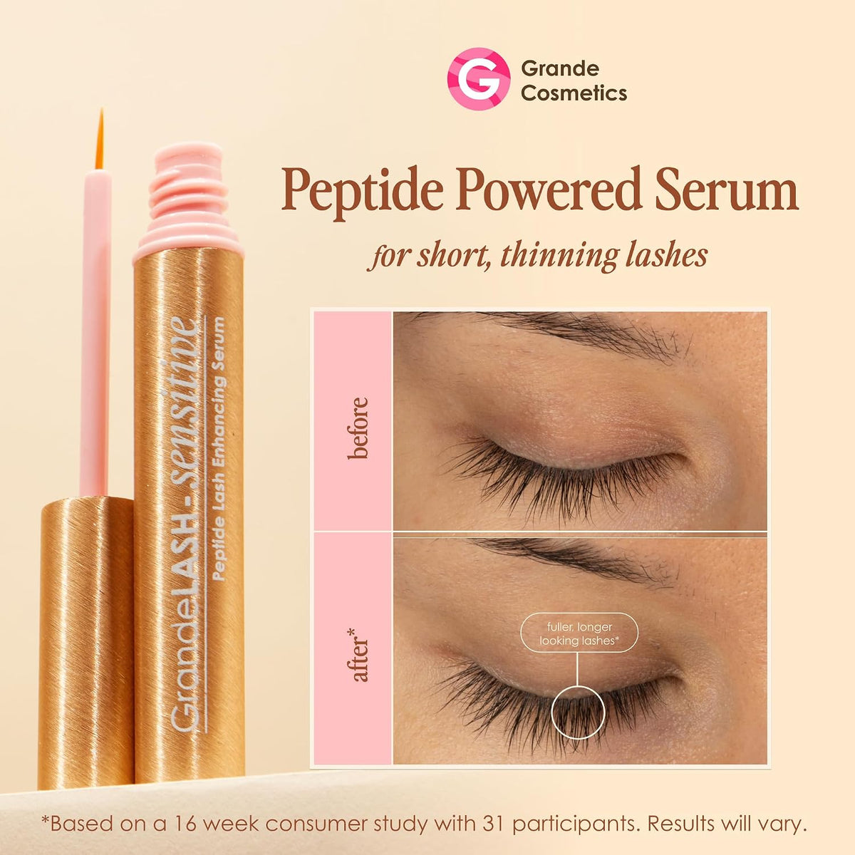 Grande Cosmetics sensitive lash serum metallic peach tube packaging design