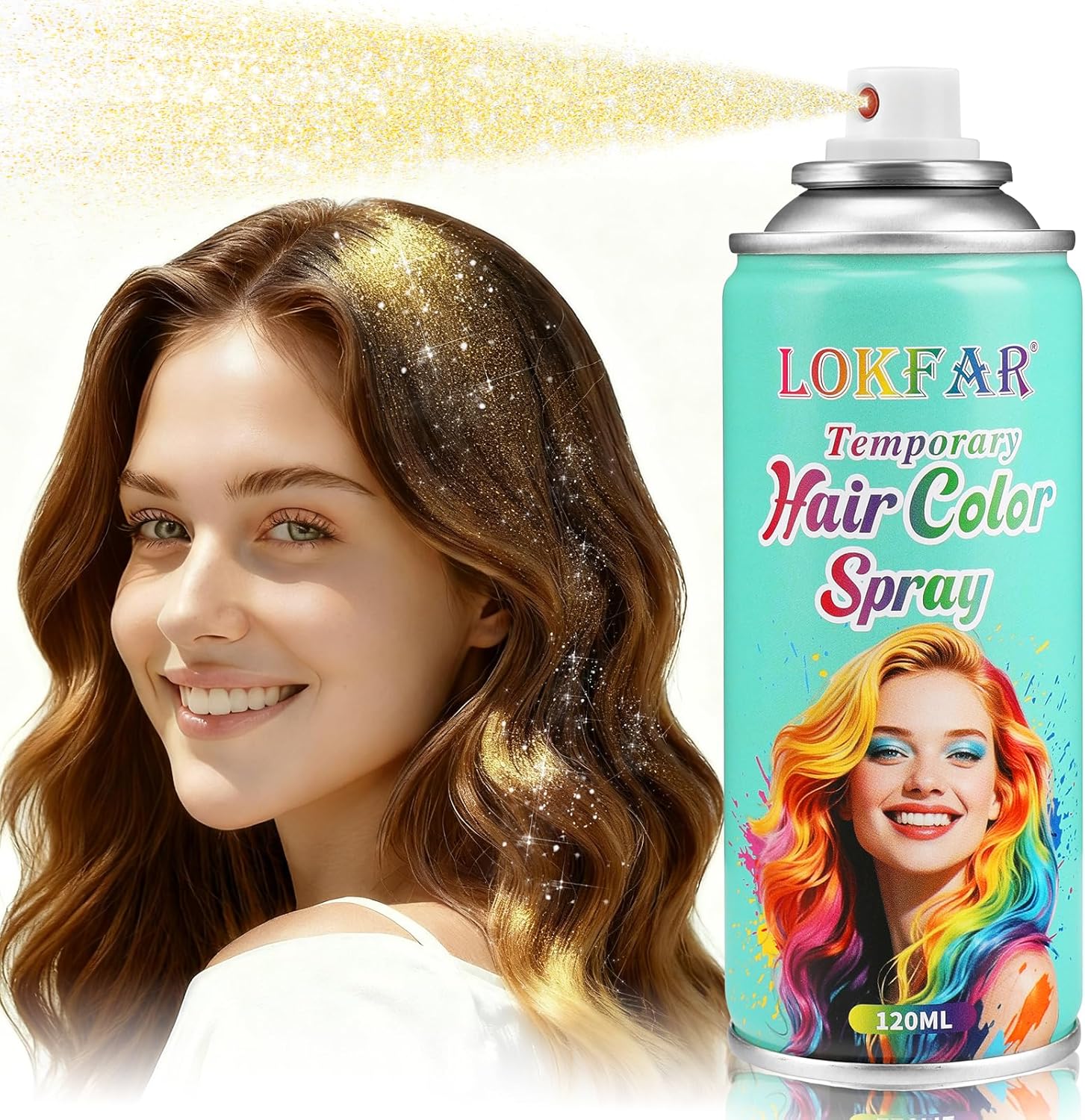 BEFIVECOK temporary gold glitter hair and body spray front view packaging