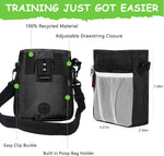 SZO hands free pet training bag being used outdoors at a park with a dog during clicker training.