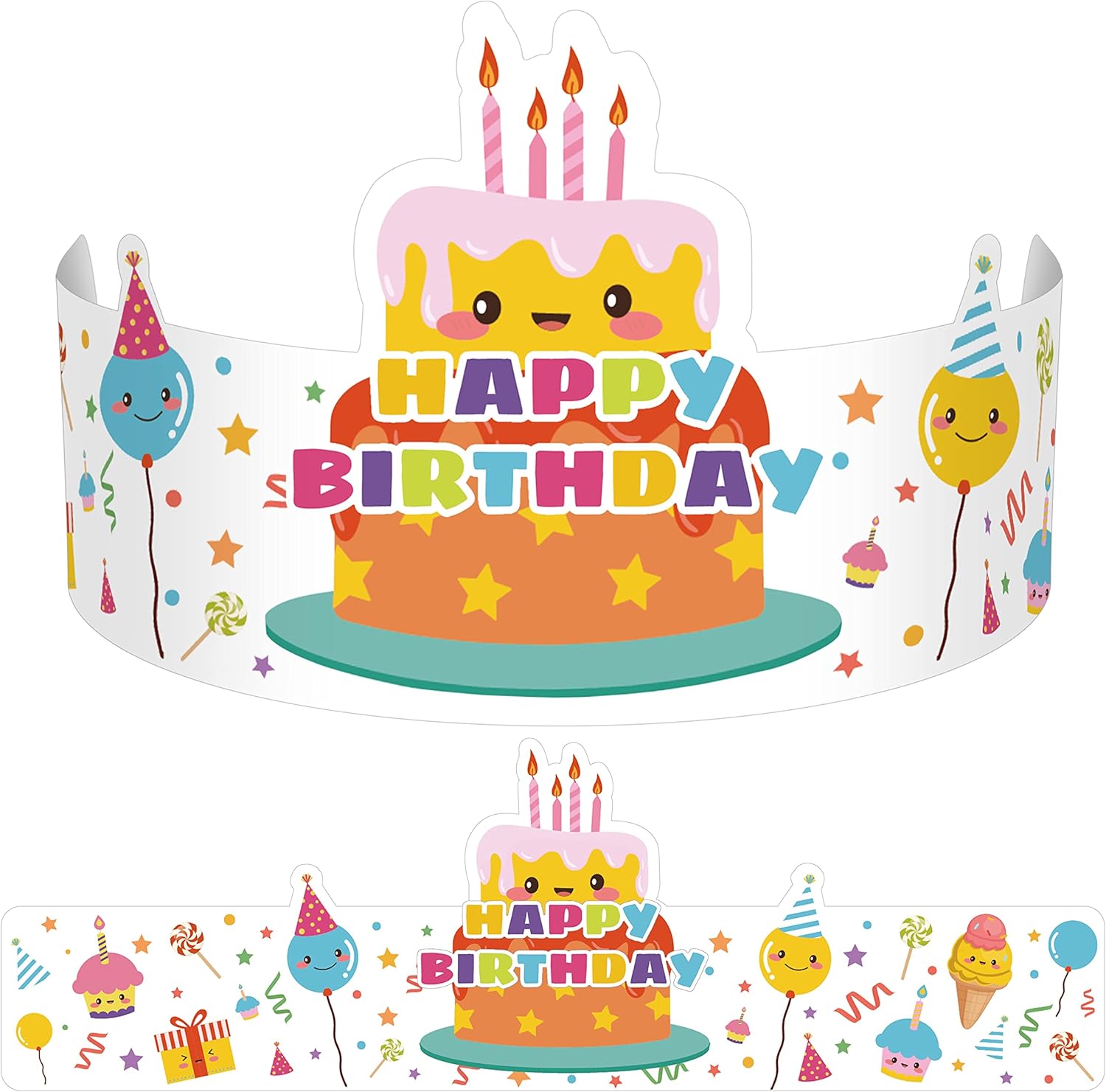 Outus Happy Birthday Crowns classroom pack front view showing colorful cupcake and balloon design