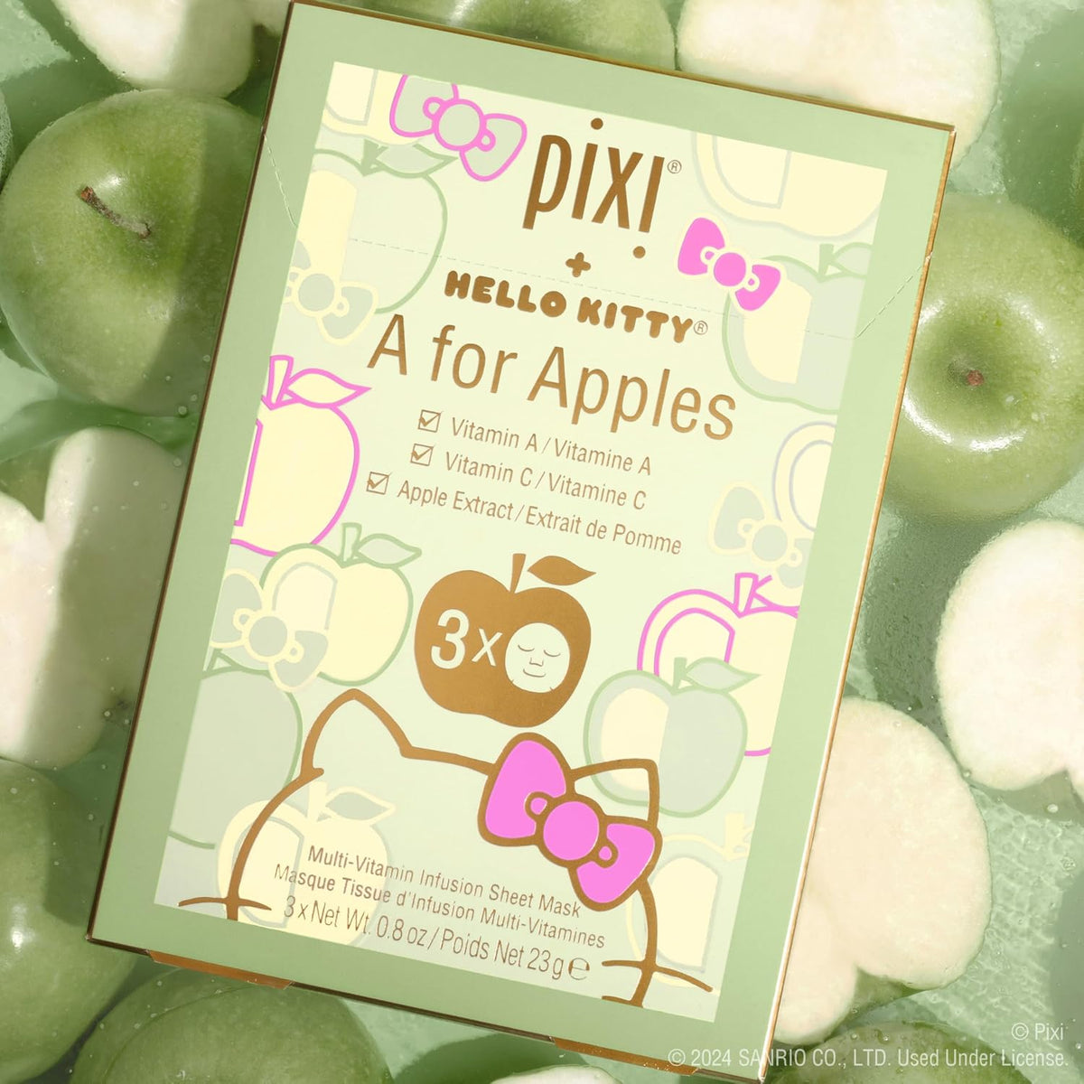 Pixi Hello Kitty brightening face mask pack of three showing individual sachets.