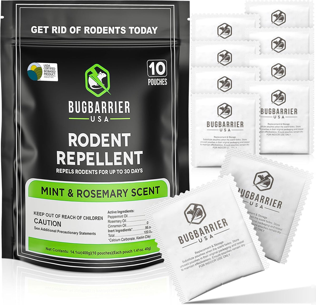 BugBarrier Extra Strength Mouse Repellent Deterrent Pouches front packaging view featuring natural pest control