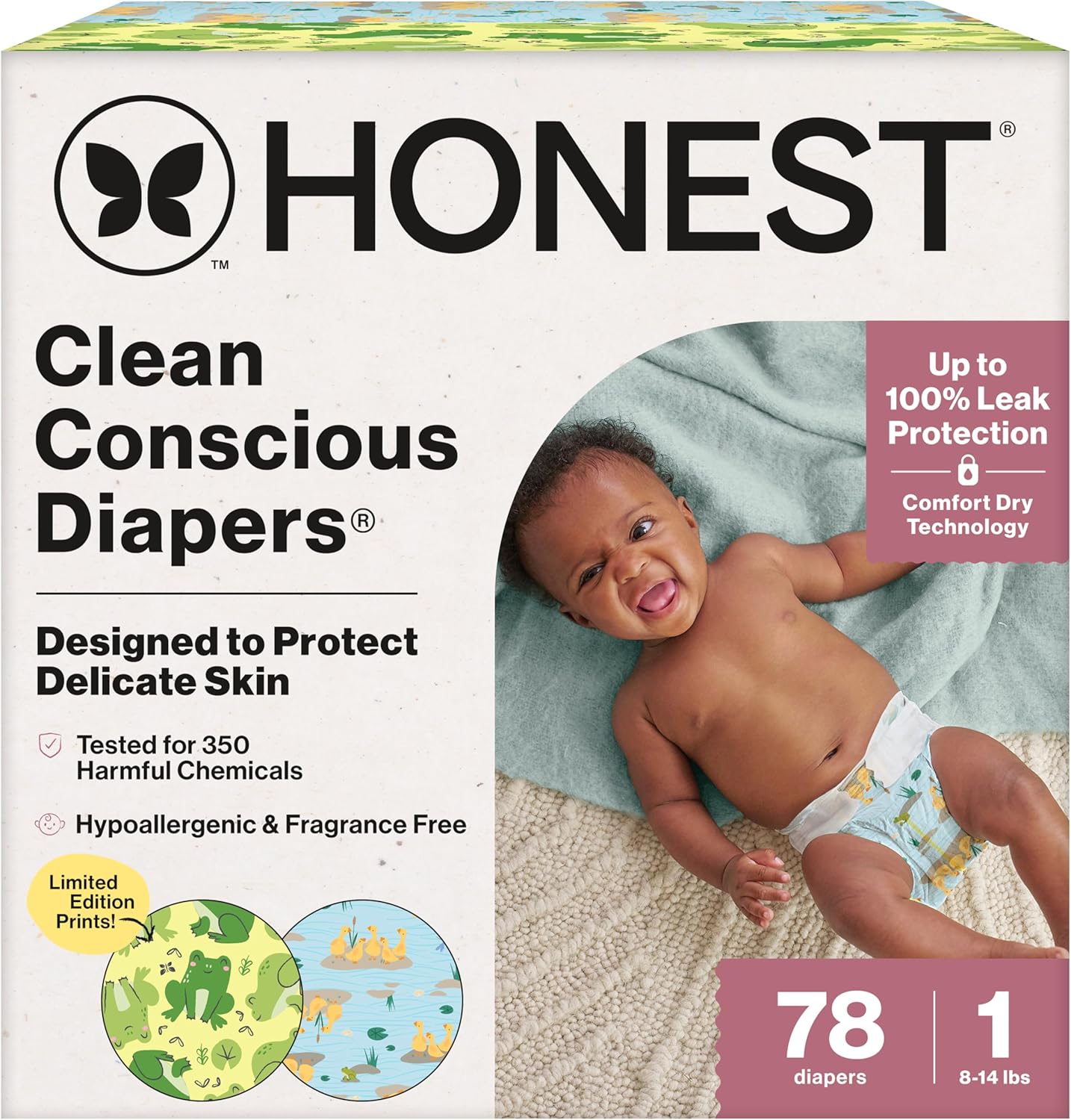 The Honest Company Clean Conscious Diapers(R), Up to 100% Leak Protection, Designed to Protect Delicate Skin, Hypoallergenic + Fragrance-Free, UR Ribbiting + Waddle It Be, Club Box, Size 1, 78 Count - Image 1