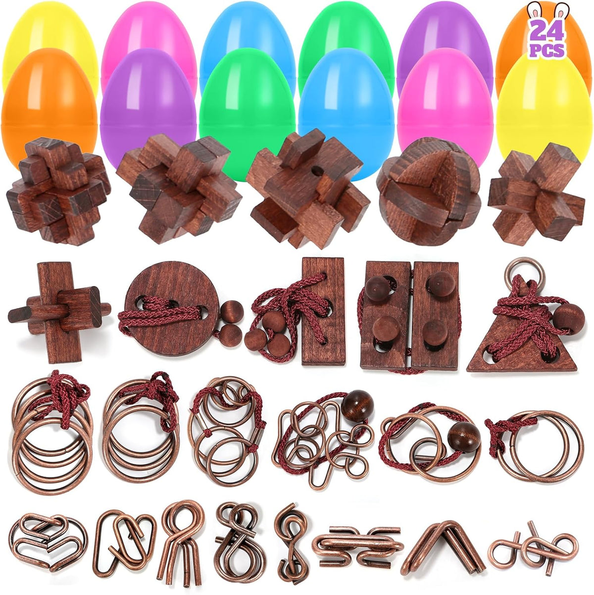 Kysthyra prefilled Easter eggs brain teaser puzzles front view showing colorful plastic eggs.