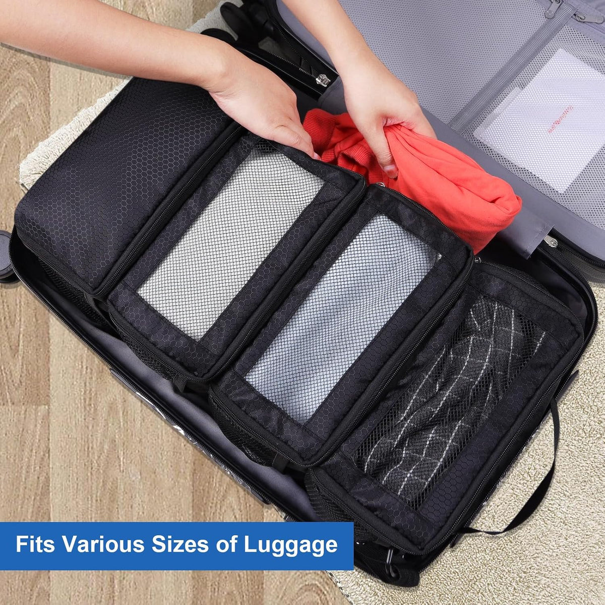 Olosar portable luggage organizer showing multi-layer mesh compartments