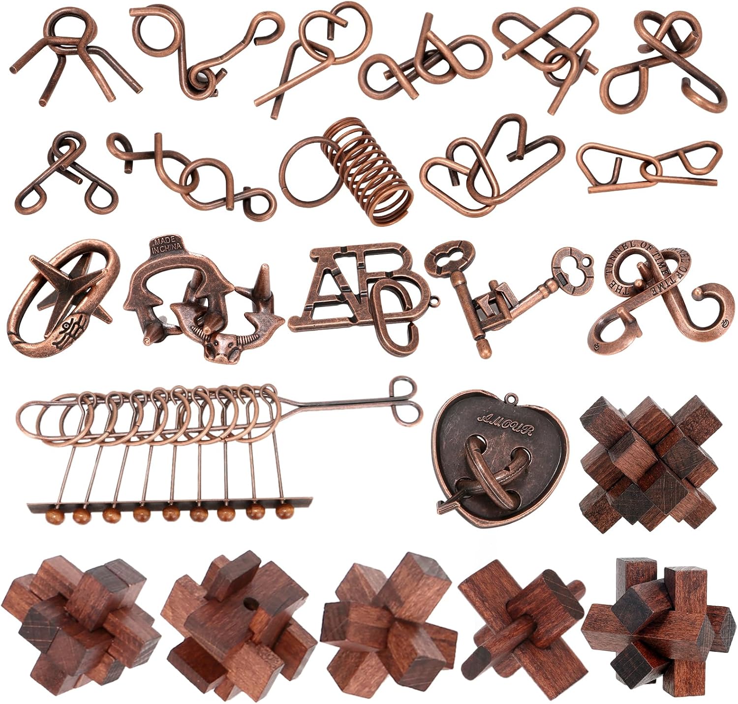 Mytothfy 24 piece brain teaser puzzles front view displaying metal and wooden toys
