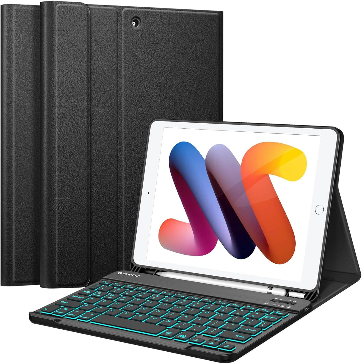 Fintie keyboard case for iPad 10.2 inch front view showing black backlit keyboard