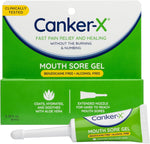 Canker-X Mouth Sore Gel front packaging showing 0.28 fluid ounce size for oral ulcer pain relief.