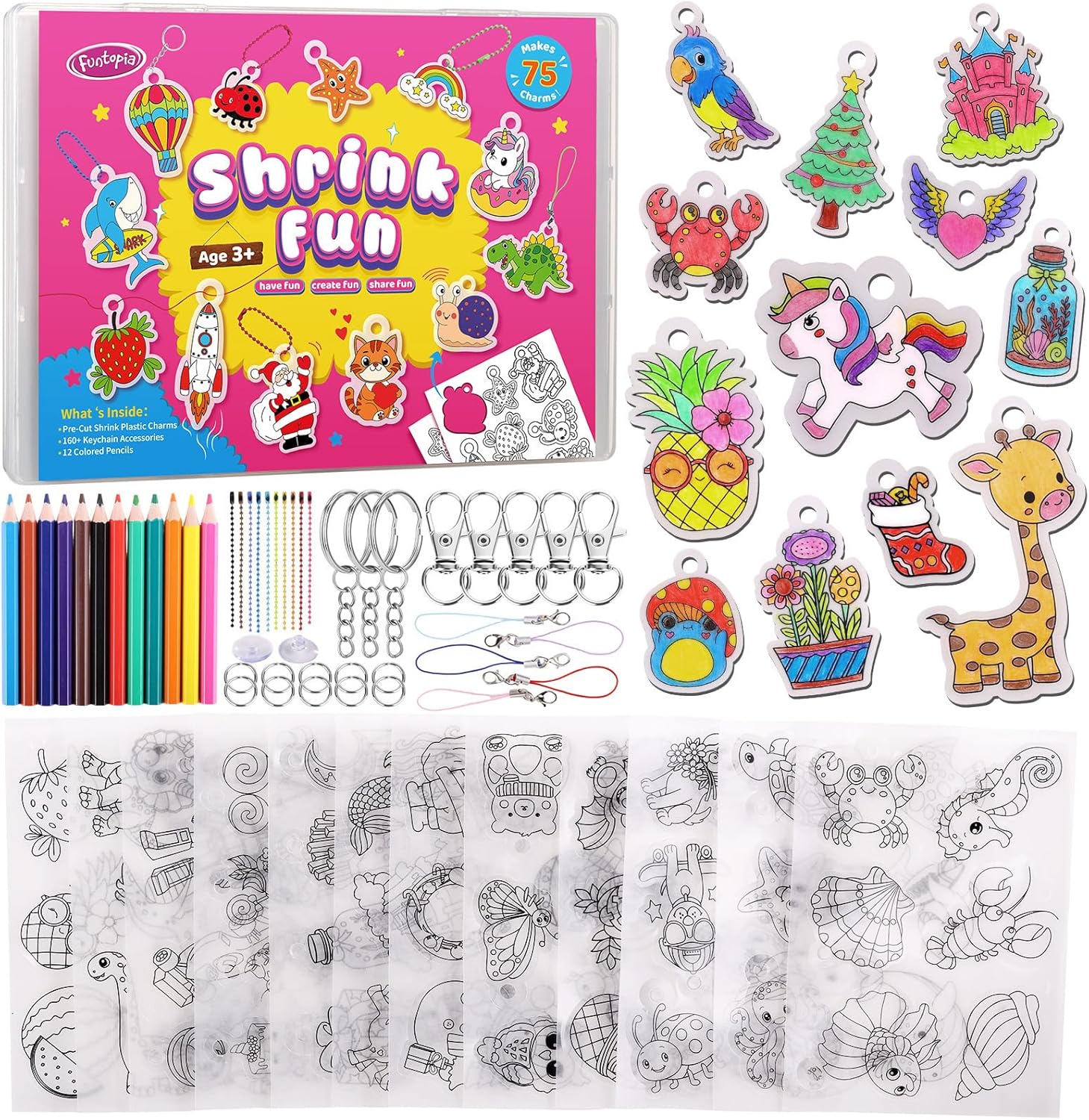 Funtopia Shrinking Art Sheets Kits for Kids, 75 Pre-Cut Shrink Paper Craft Keychain Making Kit, 12 Themes DIY Shrink Art Plastic Sheets with Charms and Keychains Accessories - Image 1
