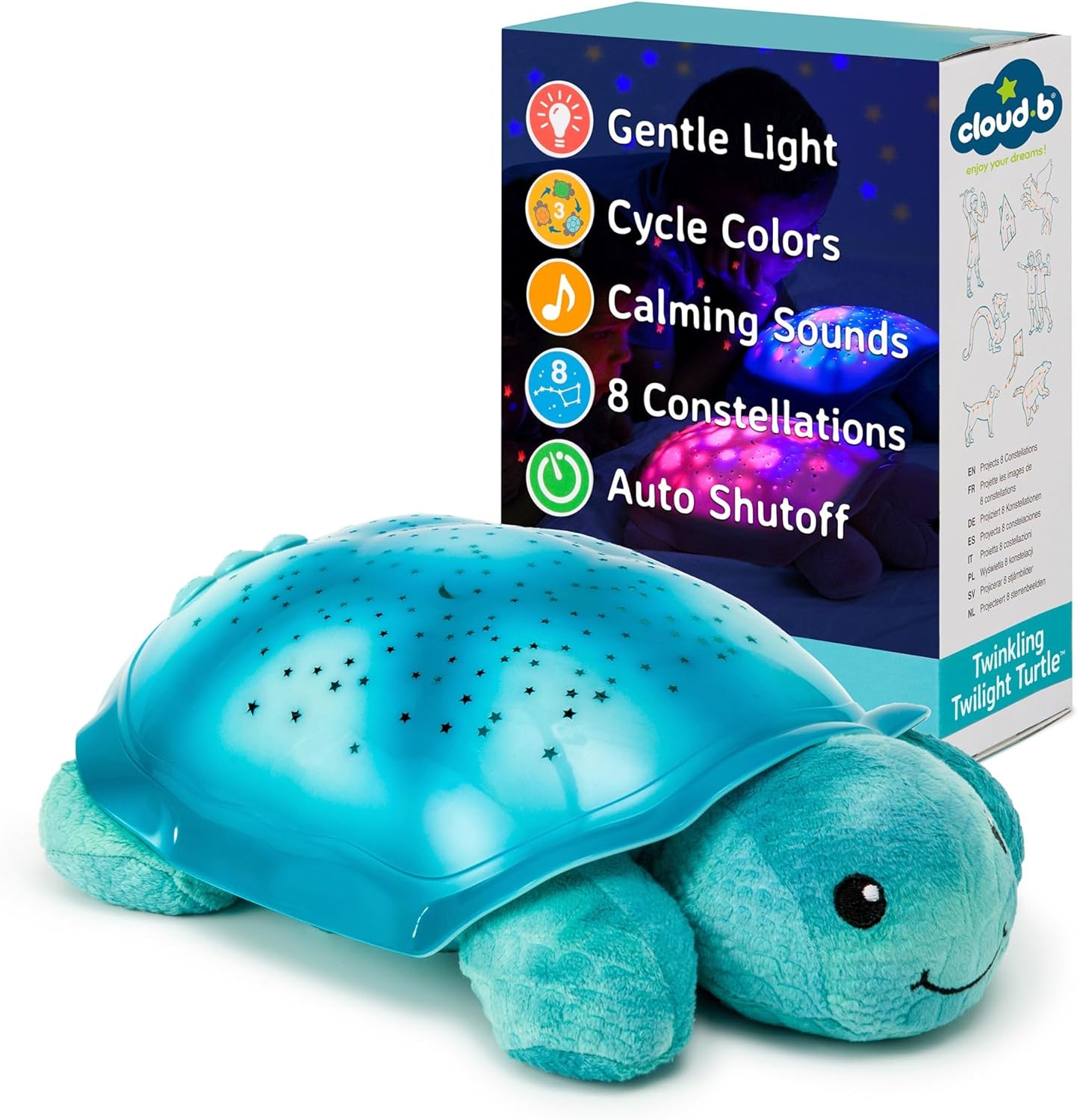 Cloud b Twinkling Twilight Turtle Aqua night light star projector front view