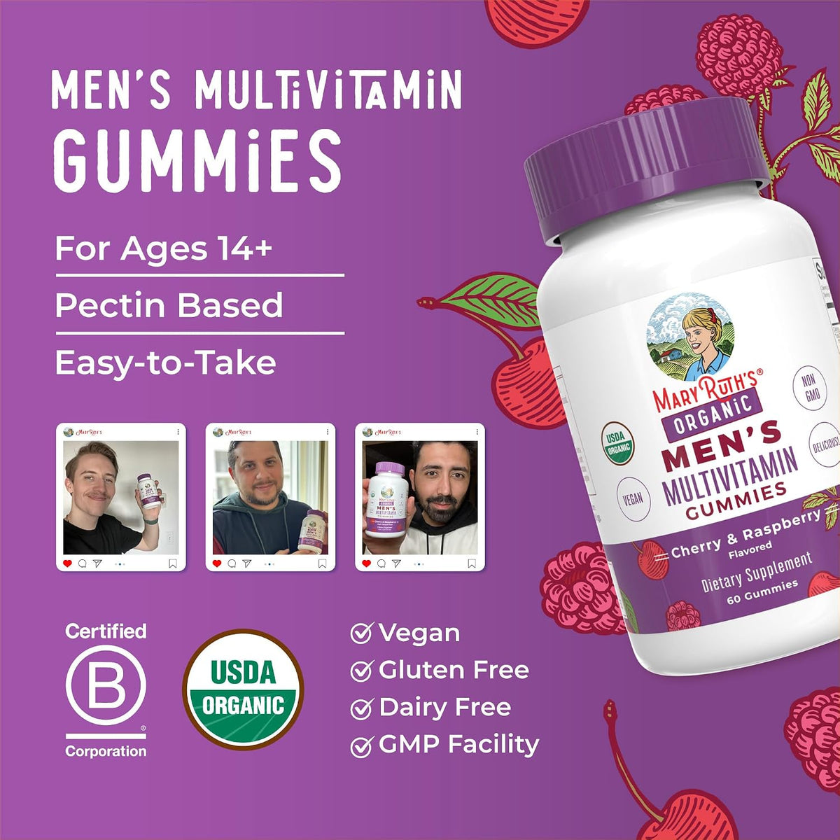 MARYRUTH'S Organic Men's Multivitamin Gummies, Vegan, Non-GMO, 60 Count | USDA, Vegan, Daily Multivitamins for Immune Support, Non-GMO, Gluten Free, 60 Count - Image 9