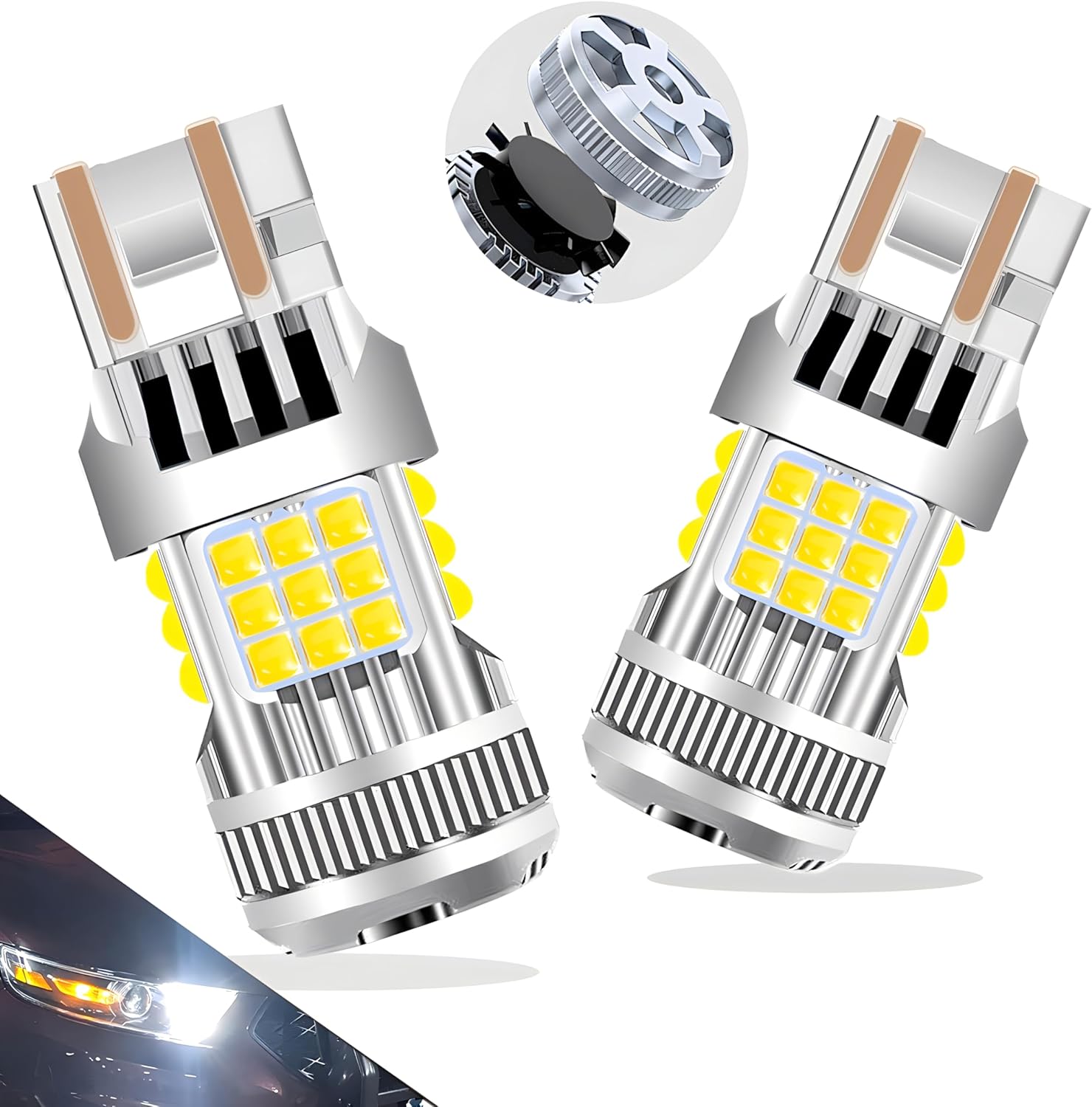 LEDYOTRY T20 LED bulb set showing front view of the white backup reverse lights