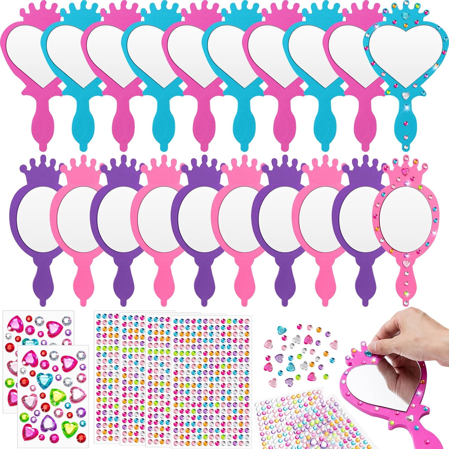 Geetery 20 Pieces Unbreakable Kids Mirror DIY Craft Kit front view showcasing multicolor foam frames and gemstone sticker sheets.