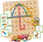 Panda Brothers Wooden Geoboard Montessori toy set showing front layout view with geometric shapes