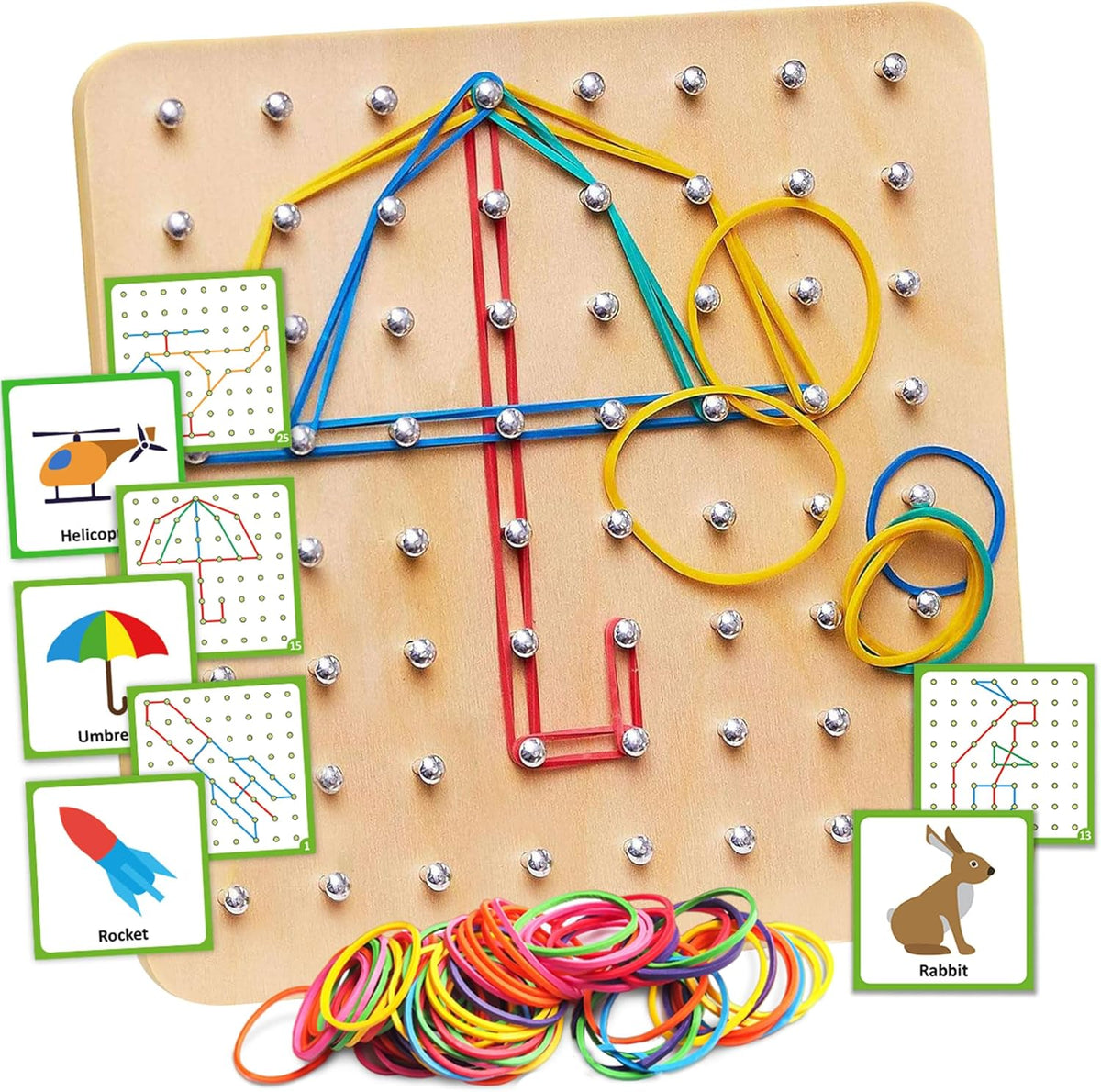 Panda Brothers Wooden Geoboard Montessori toy set showing front layout view with geometric shapes