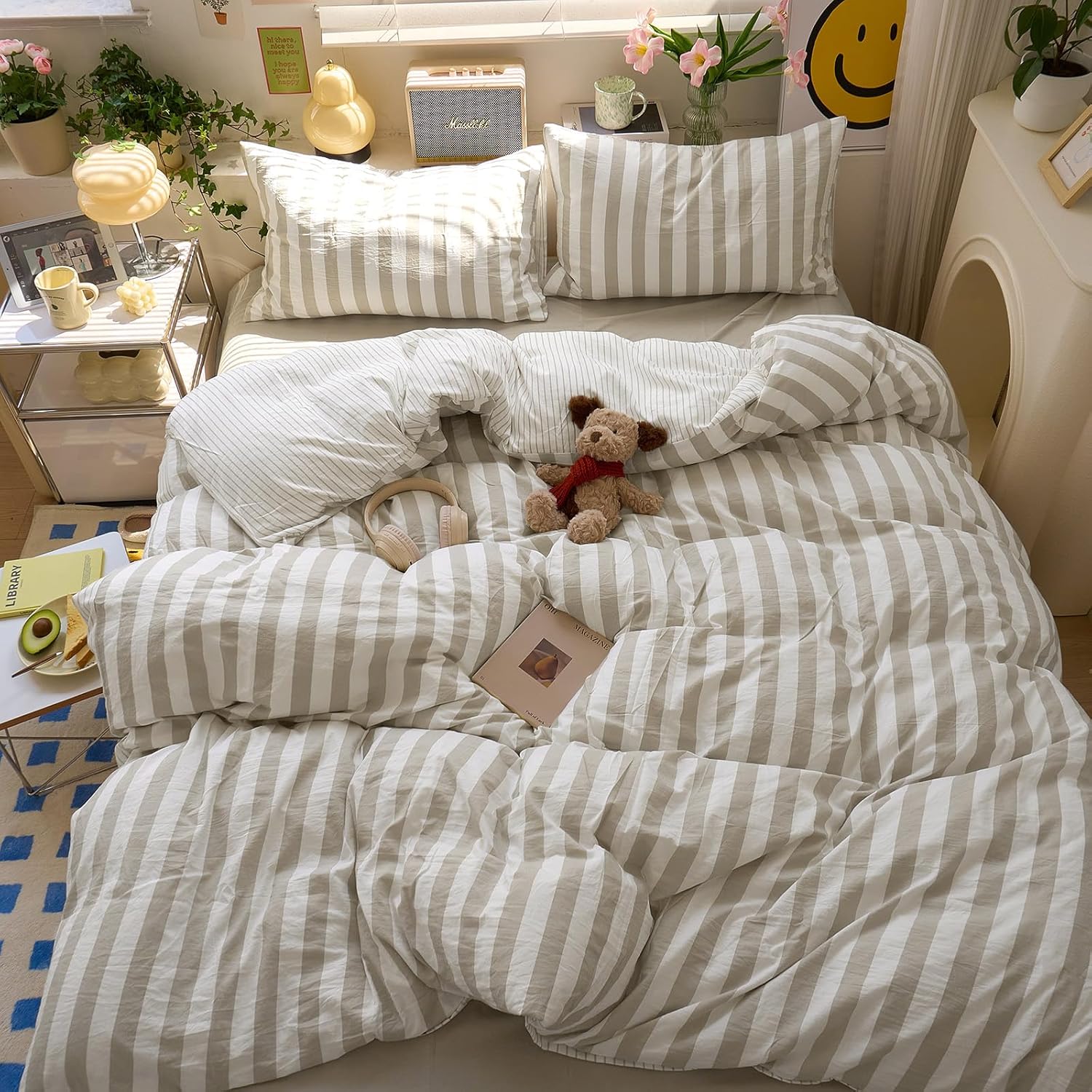 MOTNTD brown striped duvet cover full set laid out flat on a rustic wooden bed frame showing the boho pattern.
