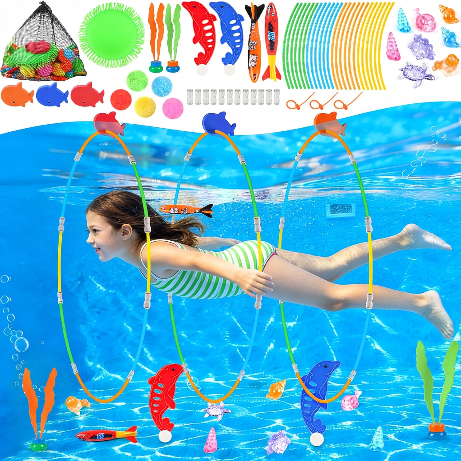 EULRGAUS 34 piece swim through rings and diving pool toys set front view featuring colorful water games