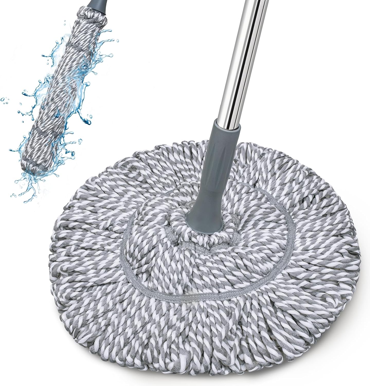 Grarend self wringing twist mop front view showing grey and white microfiber strands and long handle.