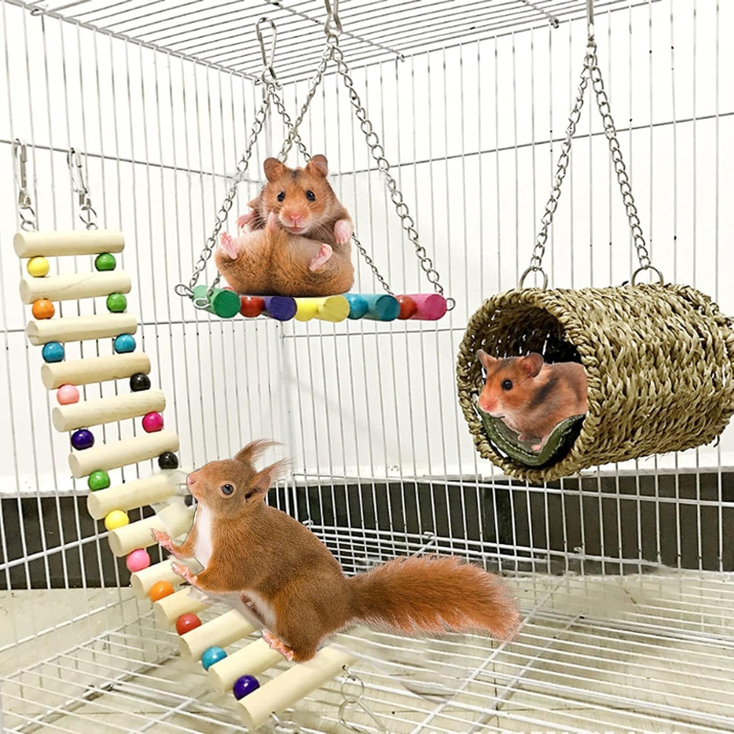 Hamiledyi 3-piece hamster hanging hammock and wooden ladder set.