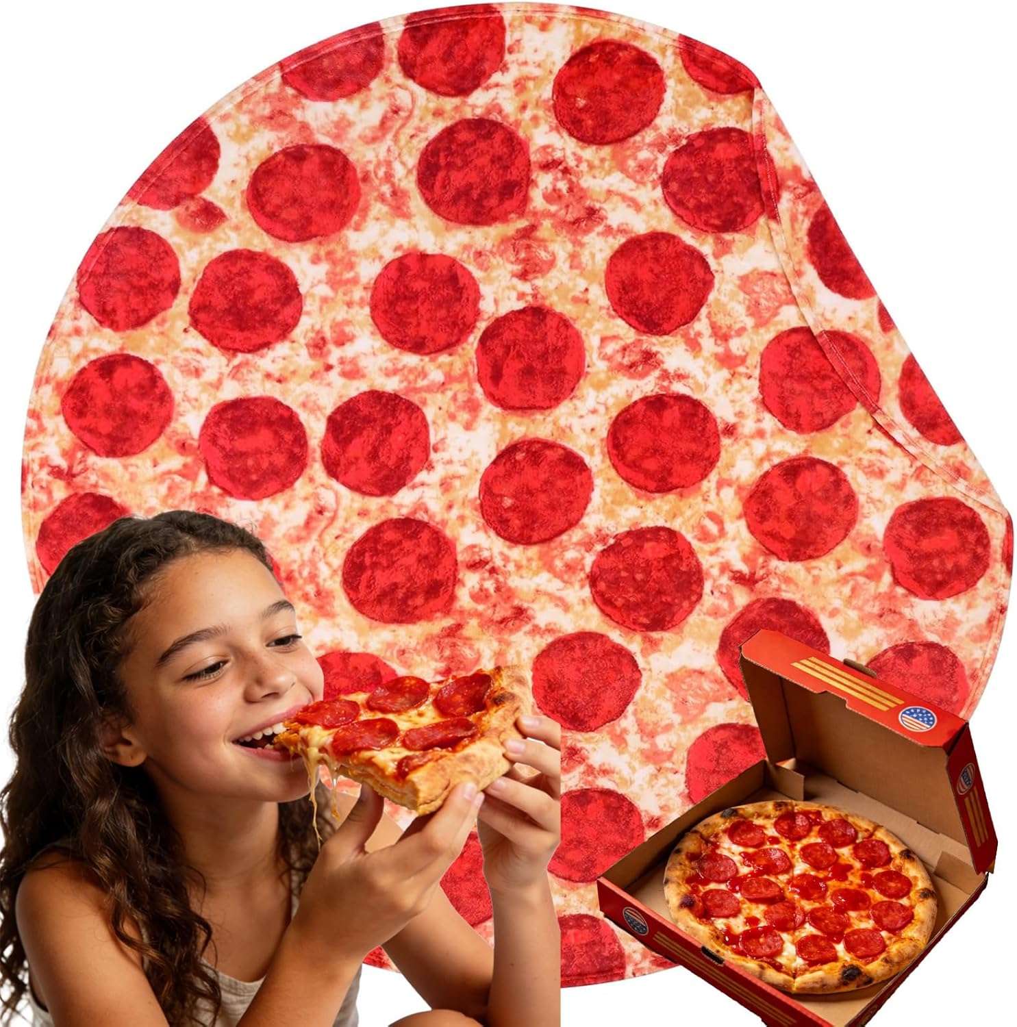 SeaRoomy Pizza Blanket front view showing realistic pepperoni pizza print.