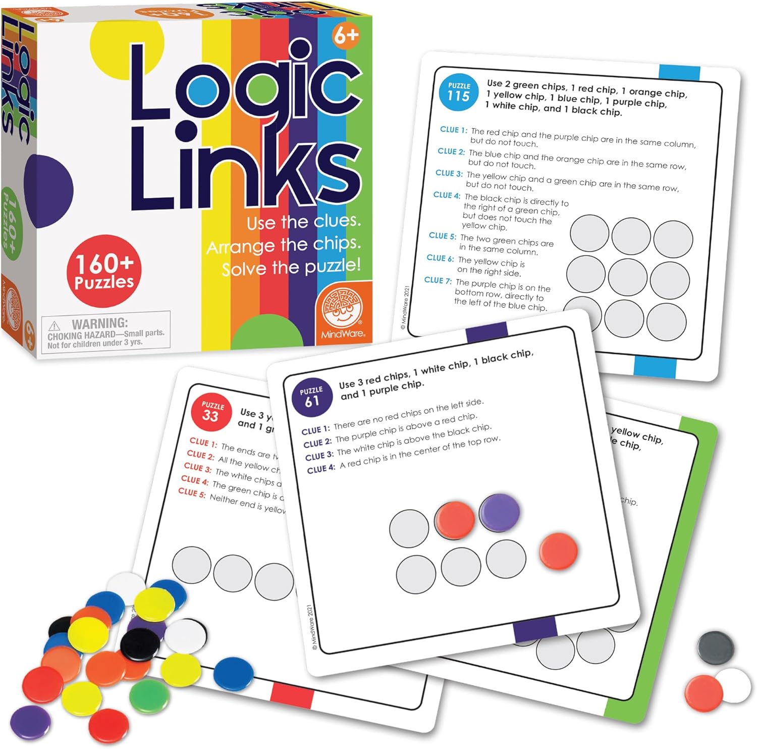 MindWare Logic Links Puzzle Box front view with game chips