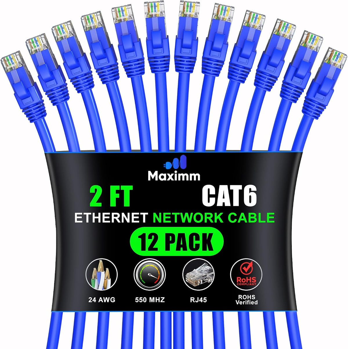 Maximm Cat6 Ethernet Cable 10 Ft Blue (12-Pack), 10Gbps 550MHz UTP Cord - Image 13