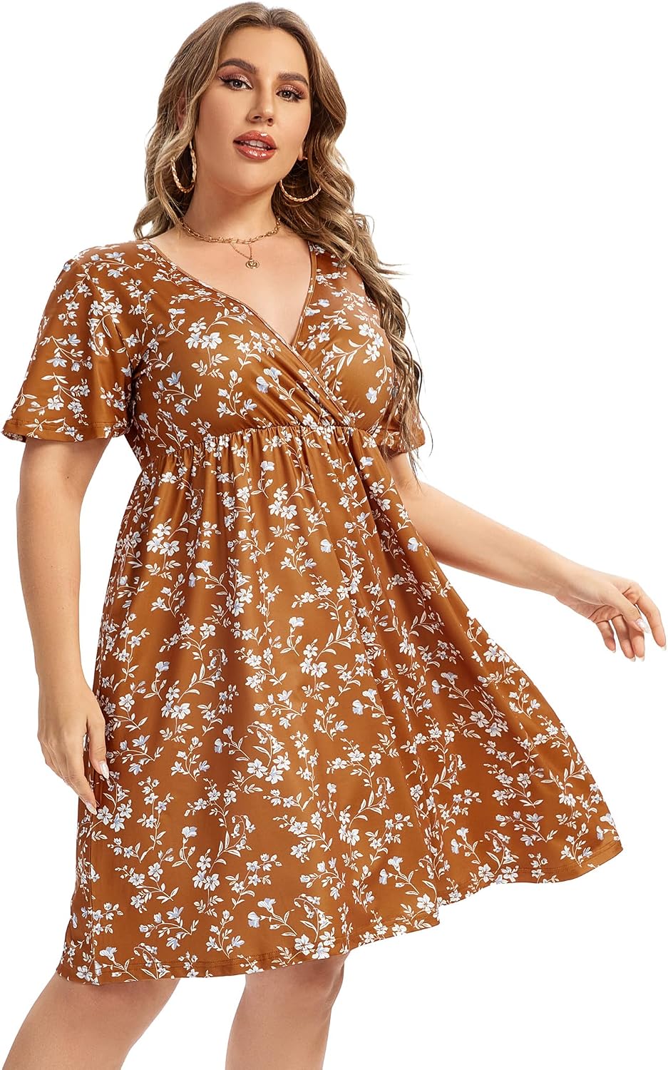 AMZ PLUS women's plus size casual dress front view yellow