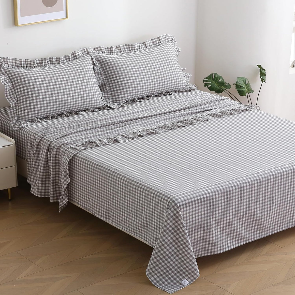 Sage Green White Gingham Ruffle Sheets Twin Size 4-Piece Set | 18" Deep Pocket, 100% Washed Cotton, Farmhouse Checkered Decorative Bedding Set with Pillow Shams - Image 15