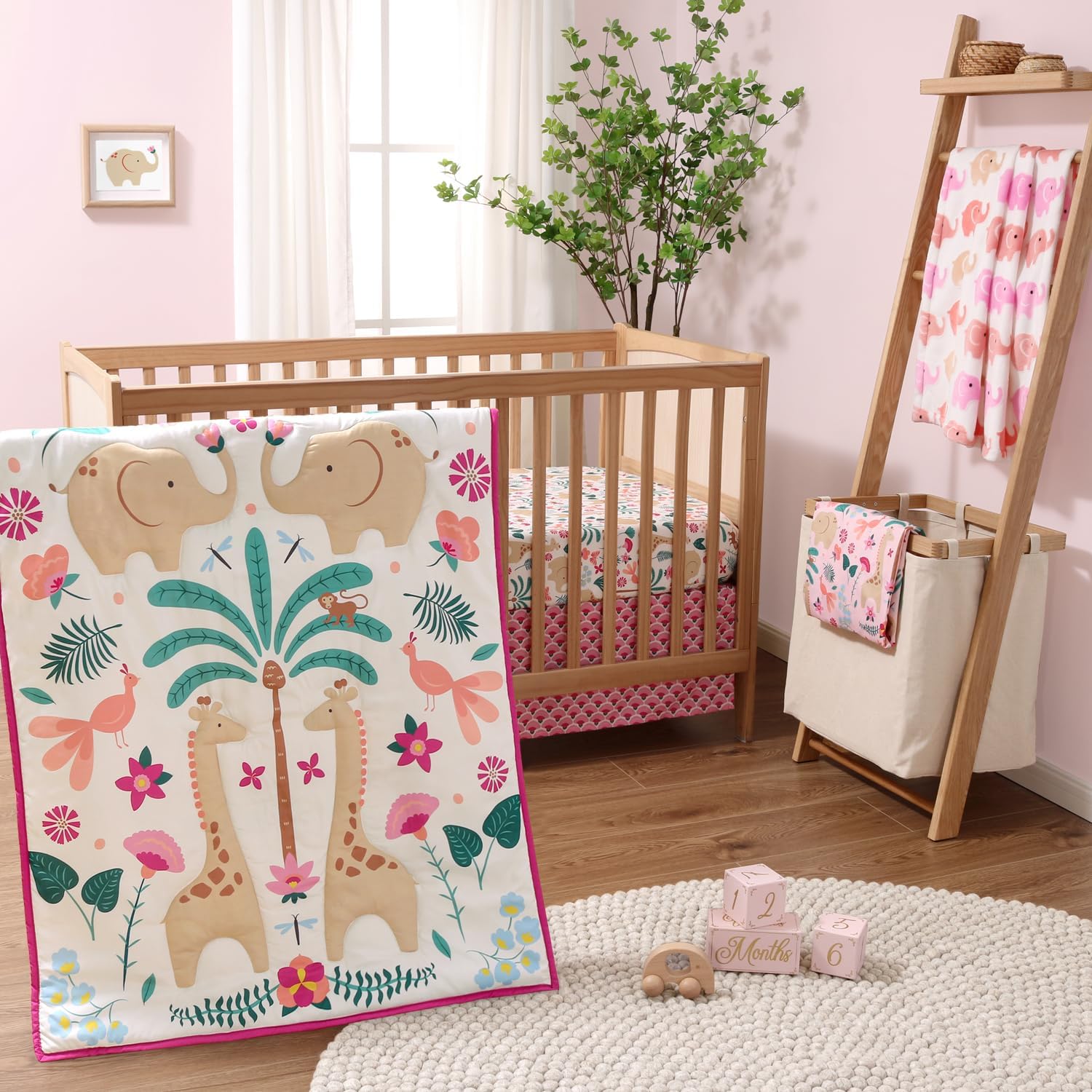 The Peanutshell Bright Safari Five Piece Baby Crib Bedding Set front view of assembled nursery display