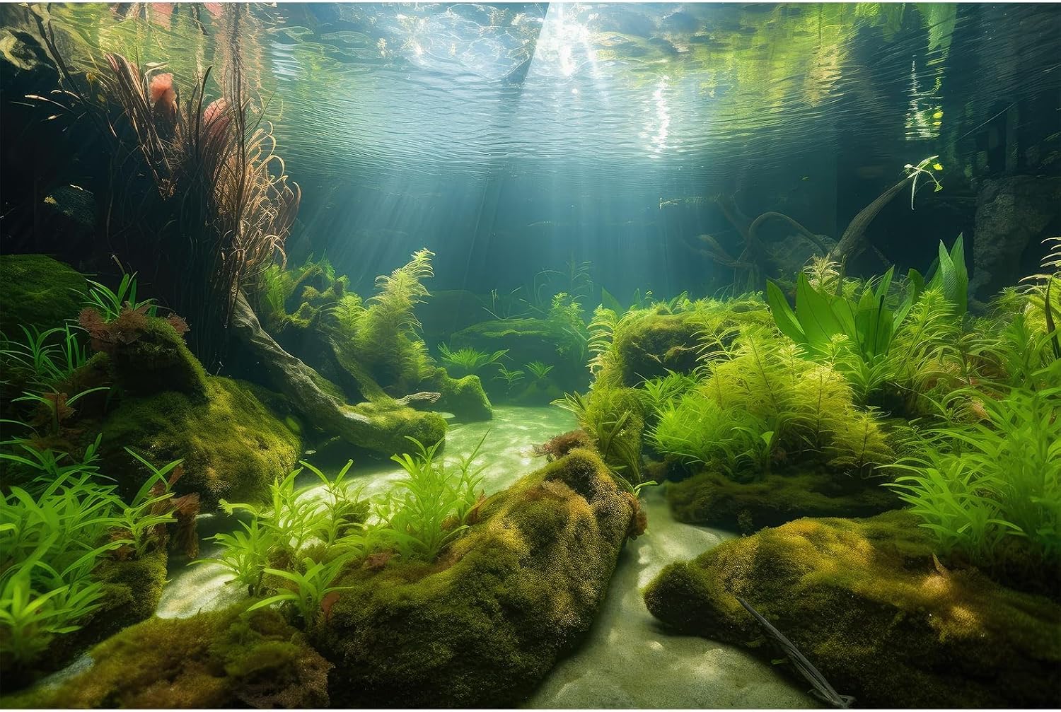 OHIOCATII underwater aquarium background front view featuring lush green aquatic plants and stone textures.