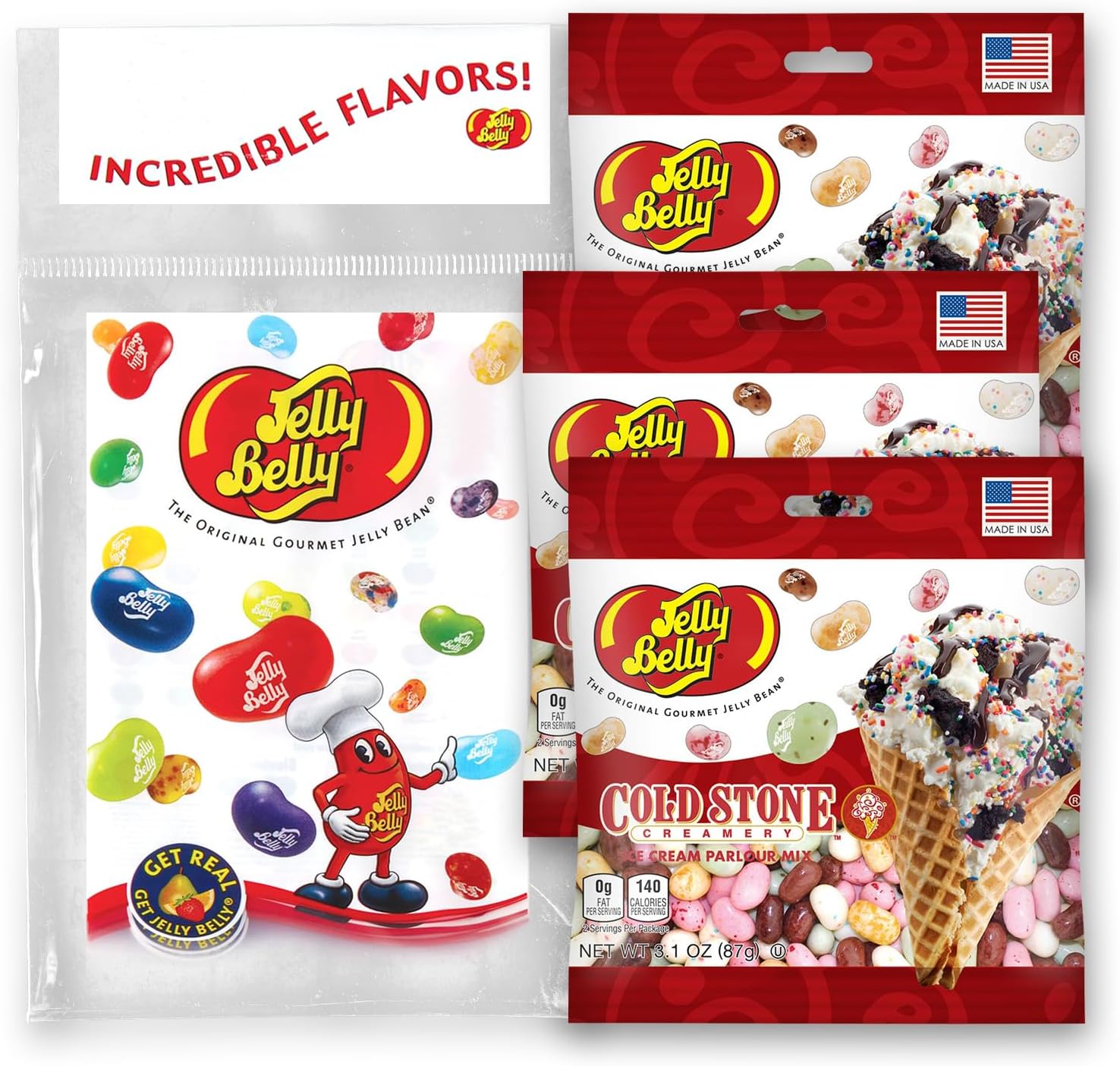 Jelly Belly Cold Stone Creamery jelly beans three pack front view authentic premium American candy packaging