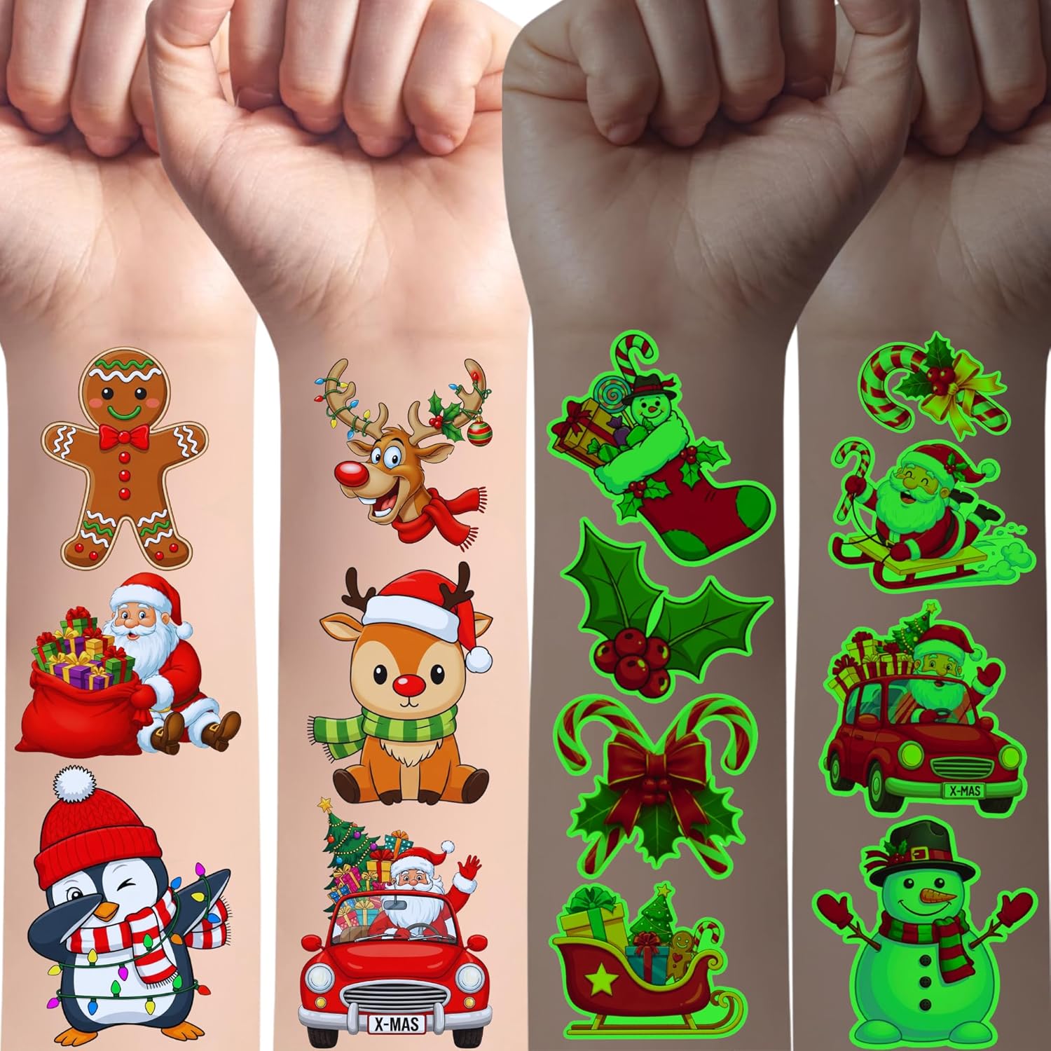 Backtopeia Glow In The Dark Christmas Temporary Tattoos front view of holiday sheets.