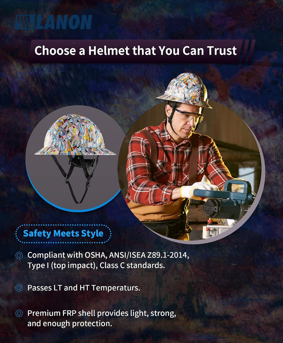LANON Protection full brim FRP hard hat multicolor graphic pattern