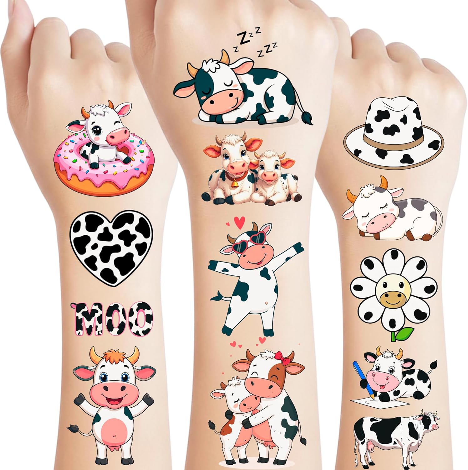 91TATTOOS Cow Temporary Tattoos front view sheet showcasing cartoon cow designs for kids party decorations.