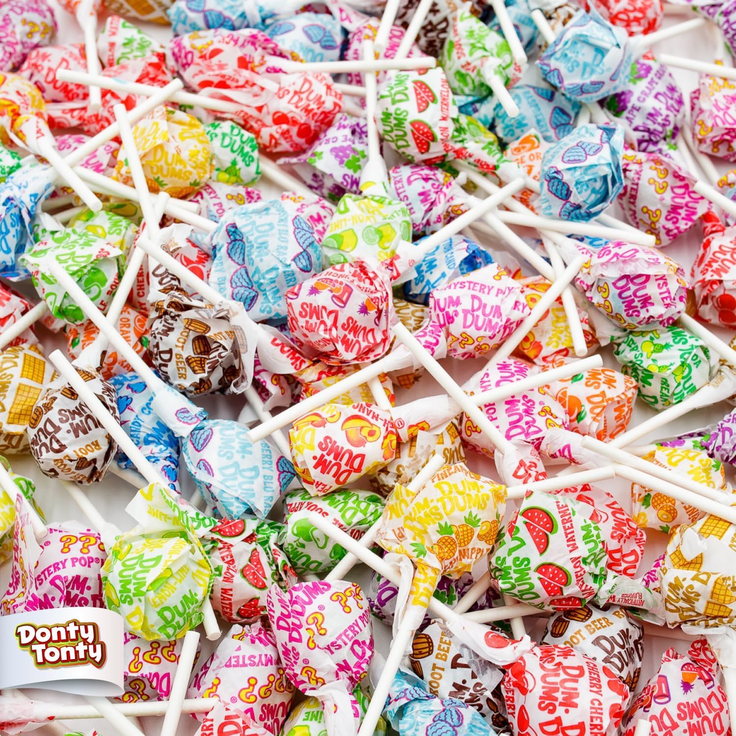 Donty-Tonty Dum Dums lollipops one pound bag front view showing assorted wrappers