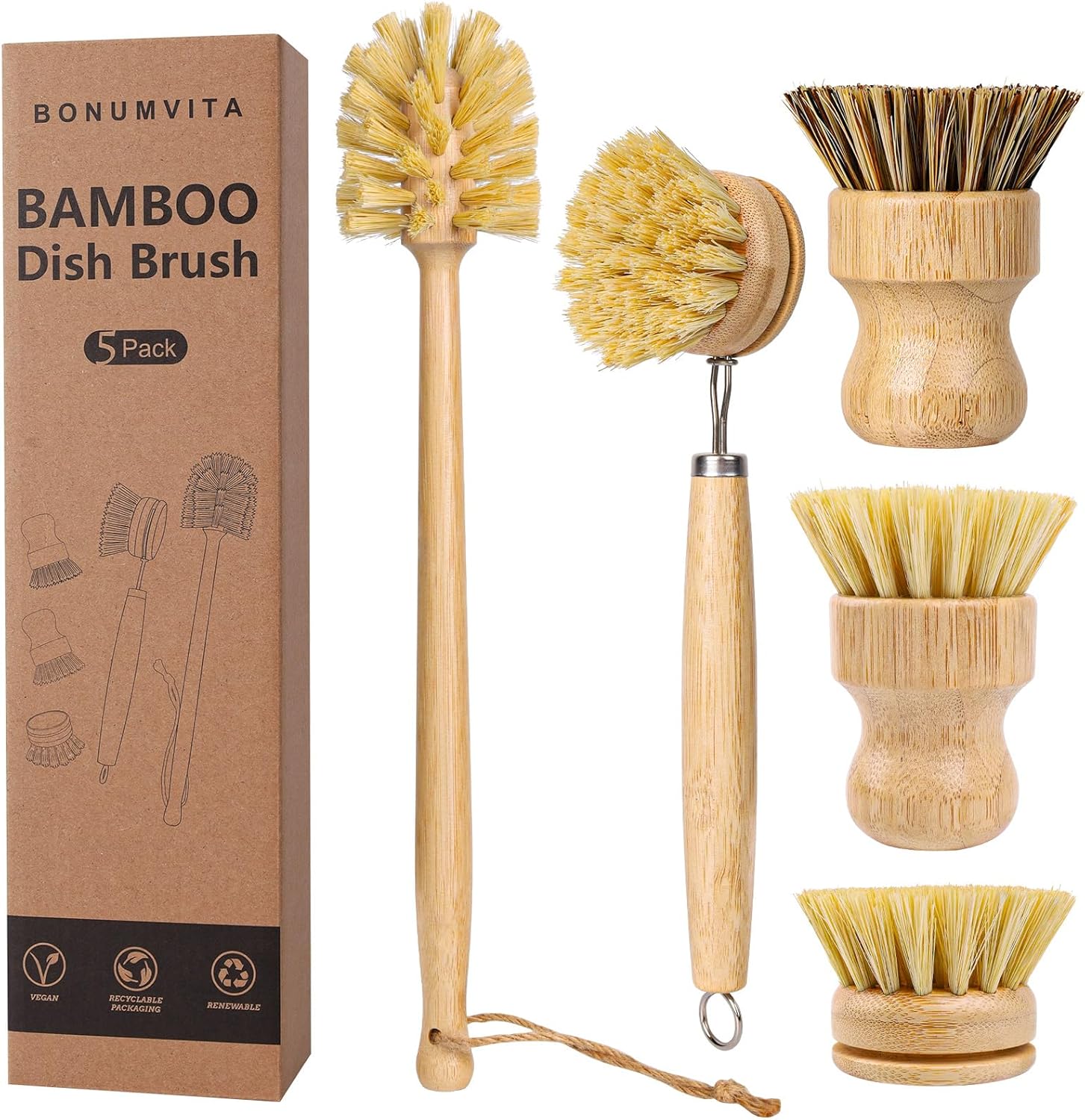 Bonumvita 5 pack bamboo dish brush set front view showing all natural wood cleaning tools together