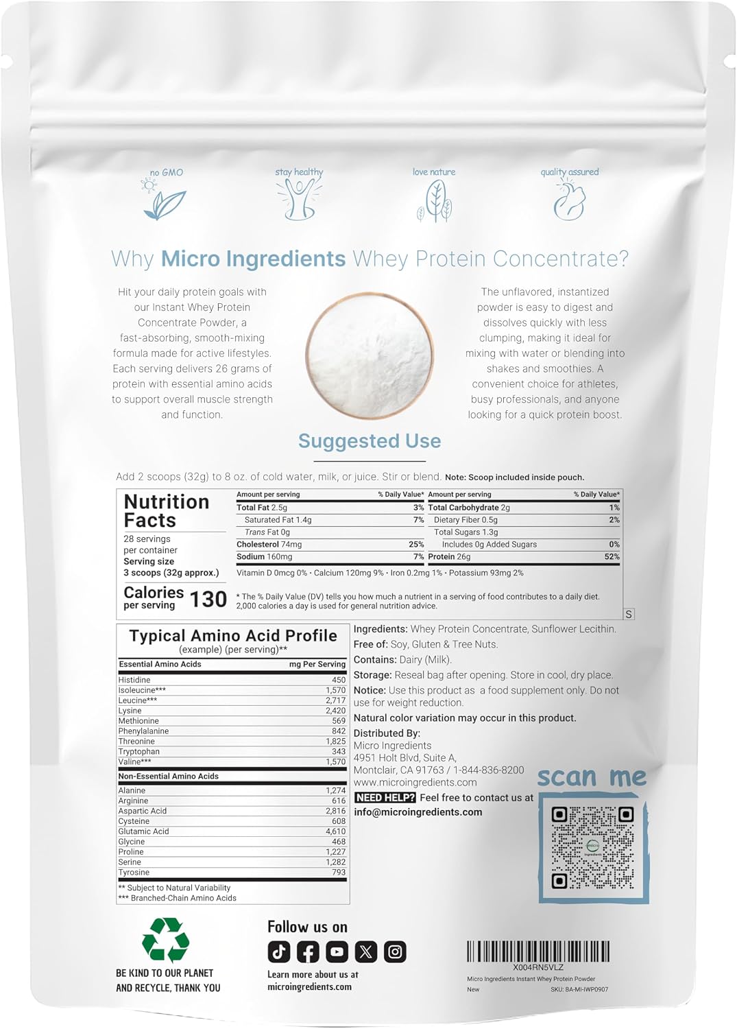 Micro Ingredients whey protein powder packaging back label nutrition facts