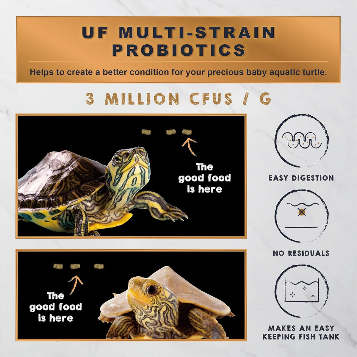 Ultra Fresh premium turtle food close up showing floating nutri sticks