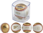 Close up of Rawlings MLB World Series replica baseball white stitching