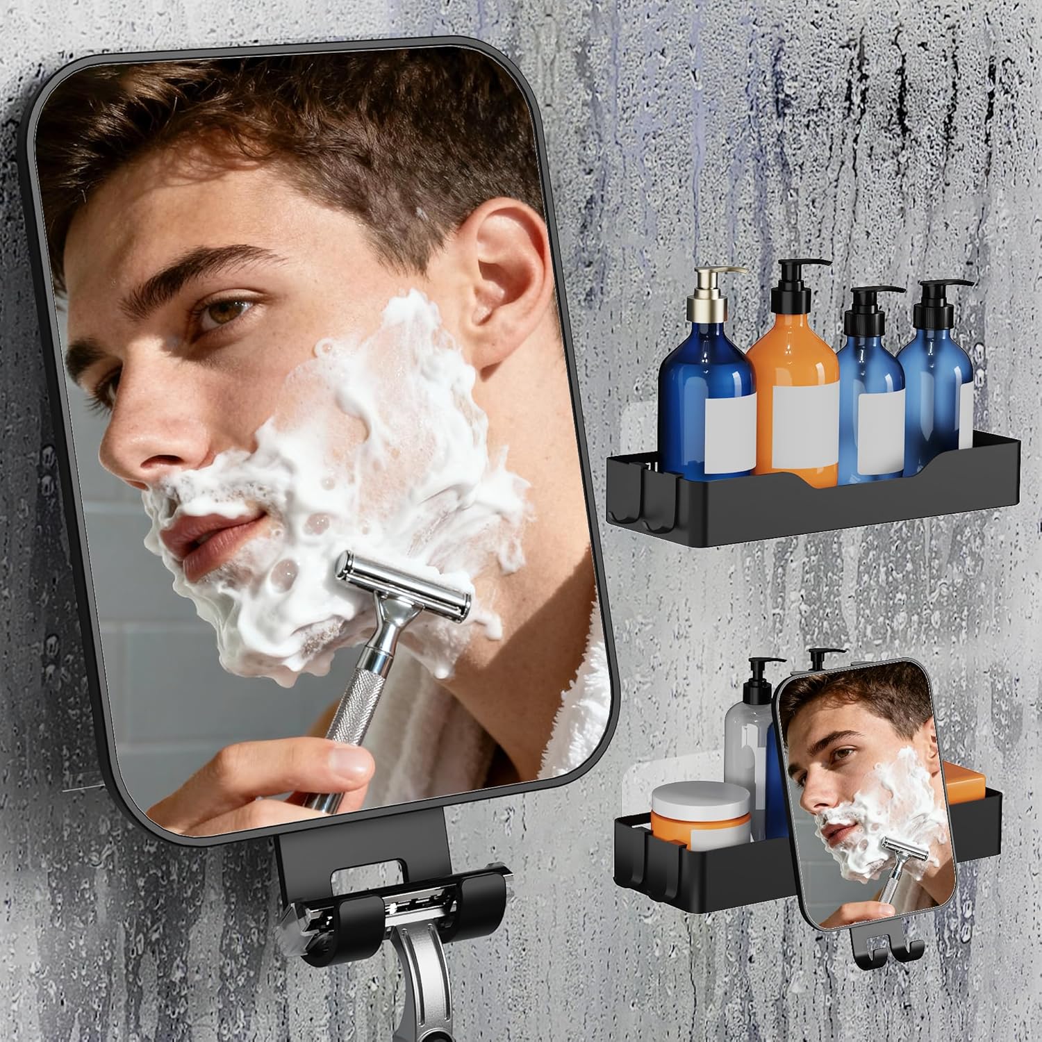 Daoun fogless shower mirror and storage basket front view showing clear reflection