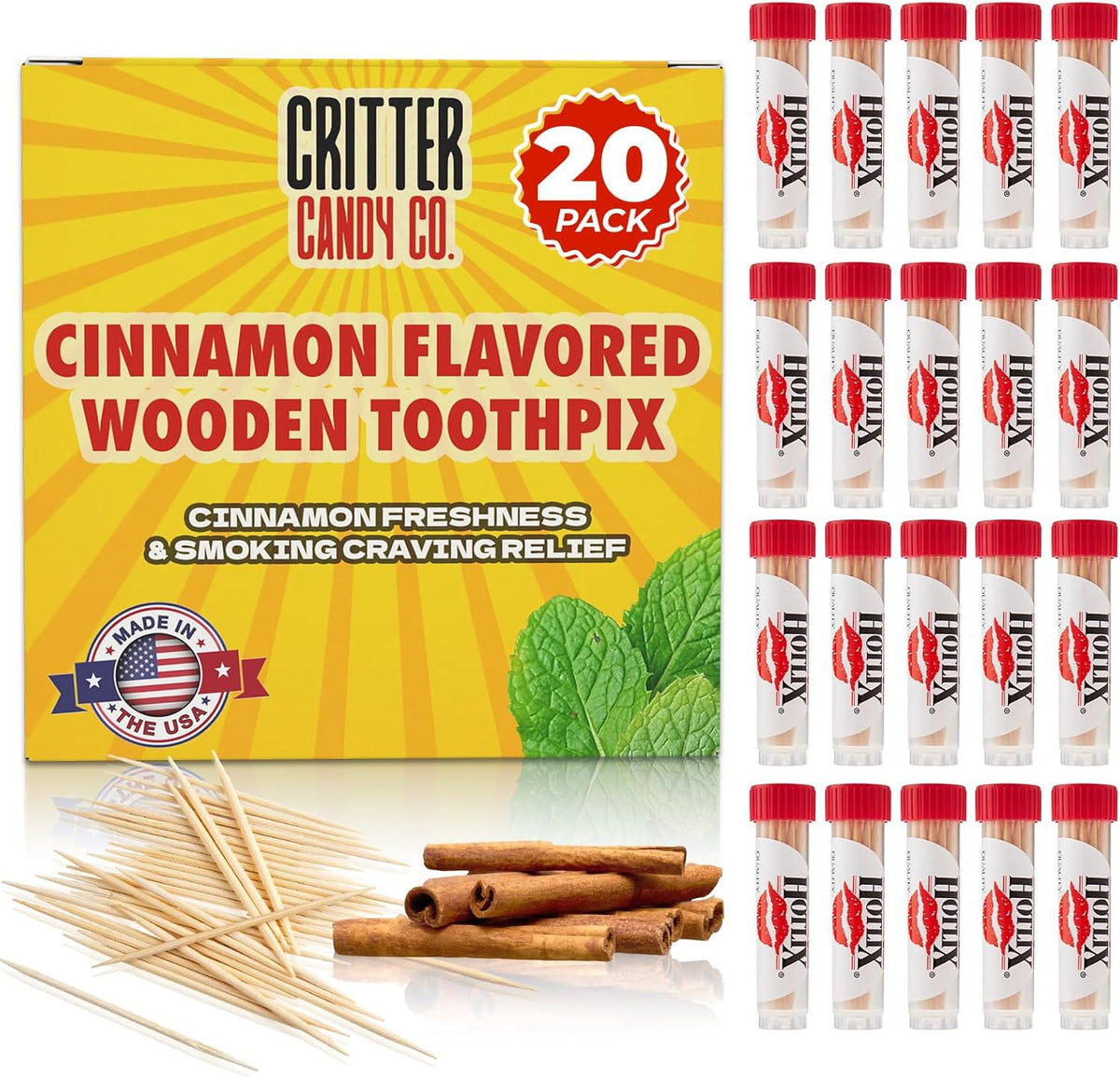 Jerky-n-Spice Hotlix Cinnamon Toothpicks front view retail packaging for natural breath freshening.