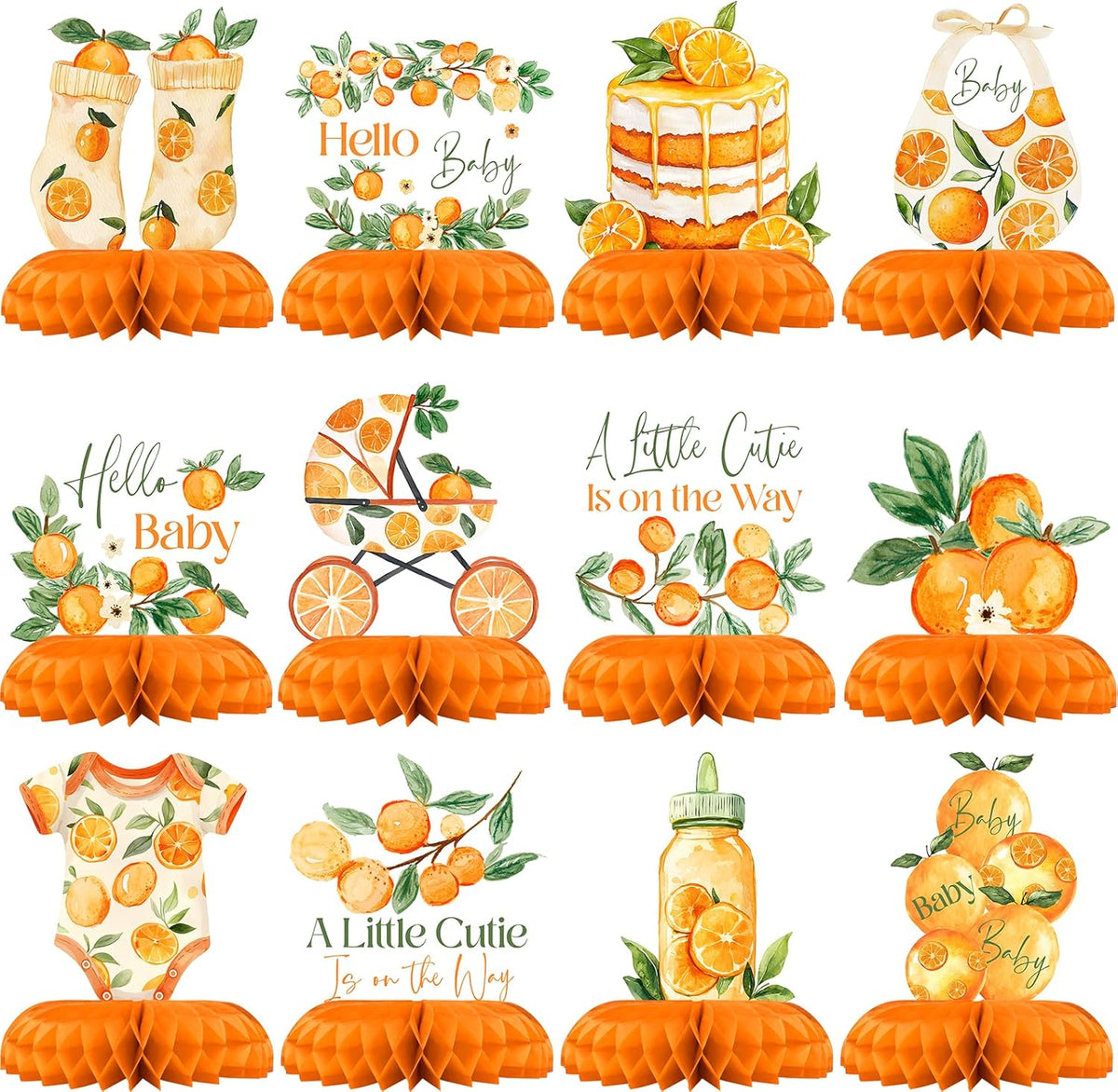 Distinctivs A Little Cutie Baby Shower Table Centerpieces front view showing watercolor orange fruit theme design