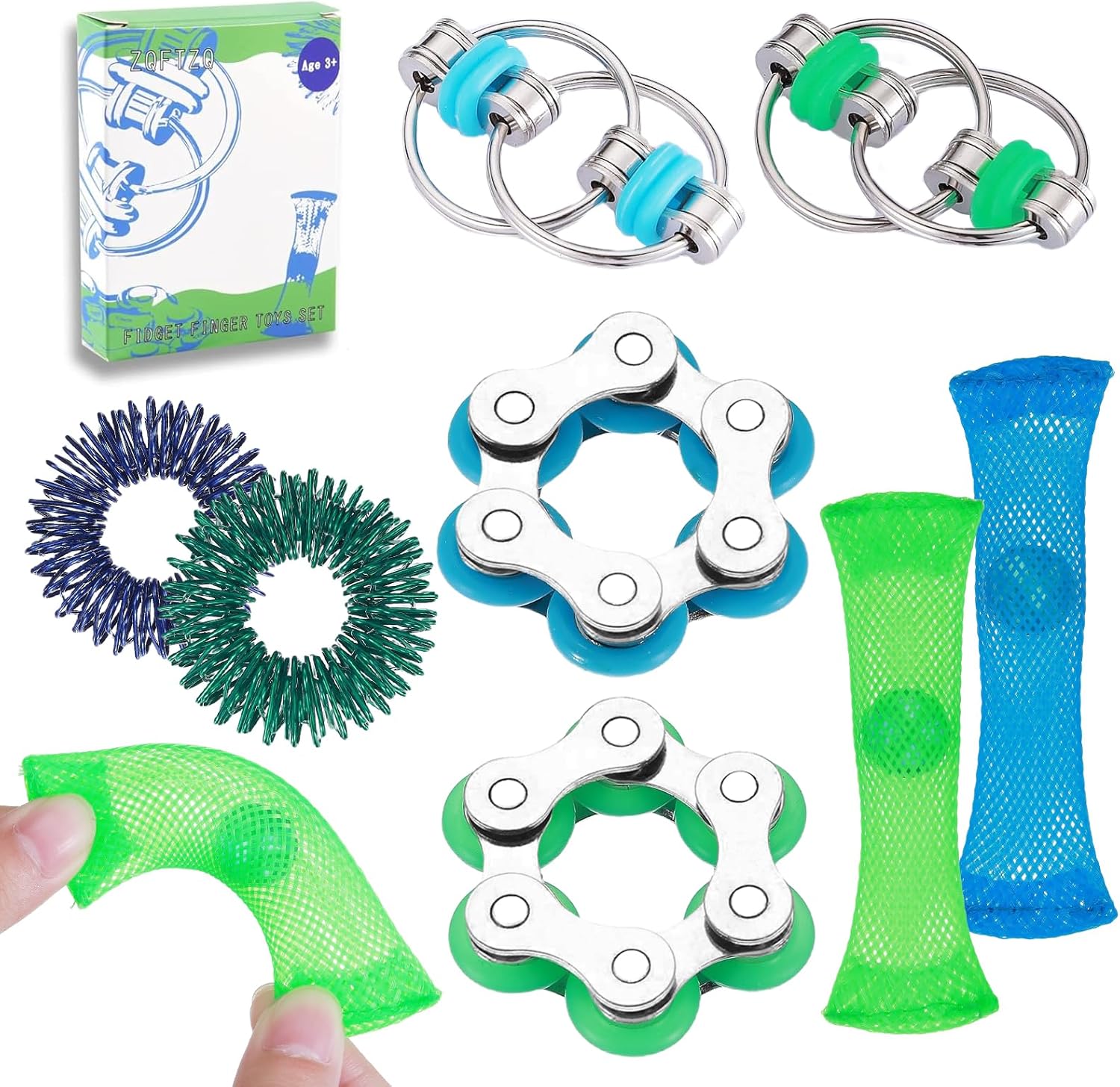 ZQFTZQ 8 Piece Hand Fidget Toys pack showcasing all contents including bike chains and mesh marbles on a flat surface