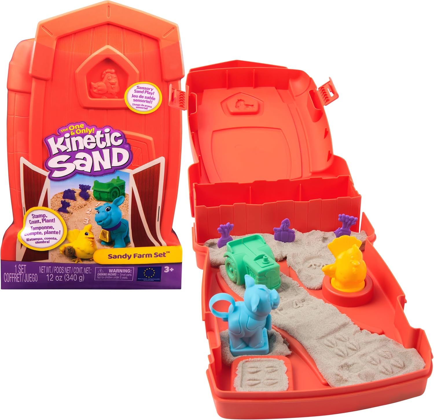 Kinetic Sand Sandy Farm Set packaging front view showing the barn storage case and moldable sand.