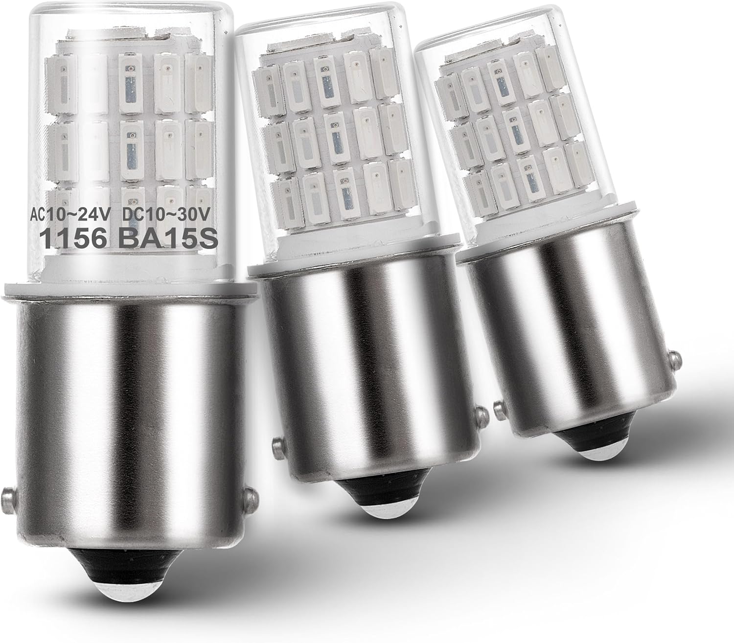 Heifymi 1156 BA15S LED replacement bulbs brilliant red three pack front view highlighting the single contact bayonet base design.